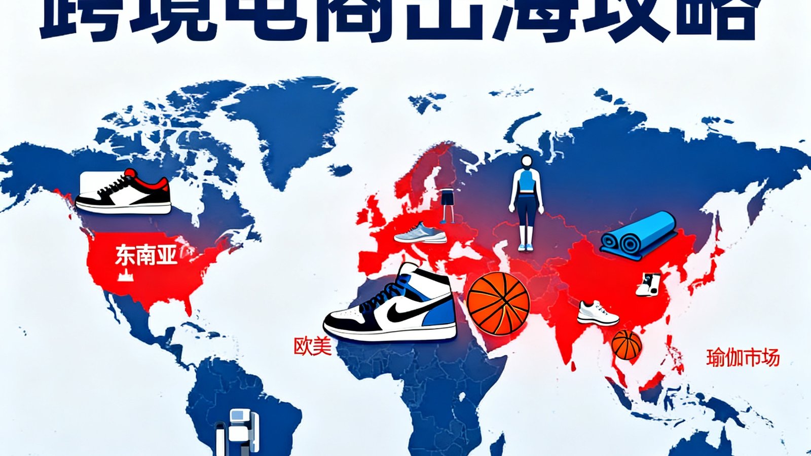 体育用品跨境电商出海攻略封面，世界地图上标注着东南亚和欧美市场的热点区域，叠加运动装备图标。