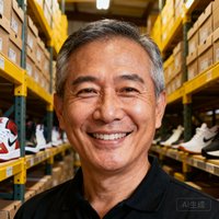 跑步装备店铺主张先生头像照片，中年男性面带微笑，背景为仓库货架整齐排列着运动鞋盒。