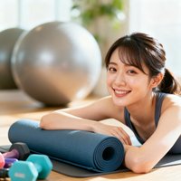 瑜伽用品店铺主李女士头像，年轻女性在明亮的摄影棚内，身旁摆放着瑜伽垫和健身球等产品。